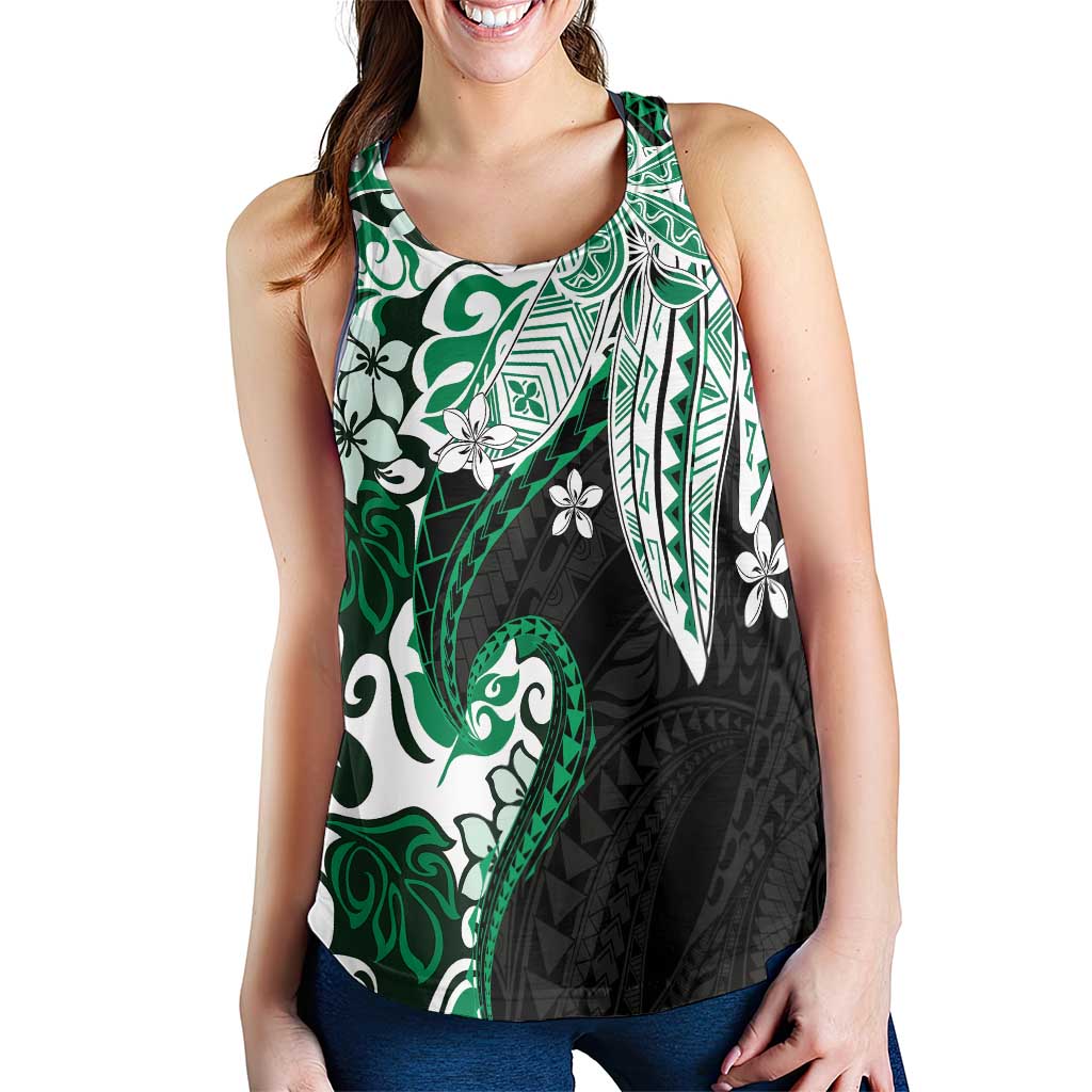 Monstera Plumeria Flowers Green Women Racerback Tank Polynesian Pattern