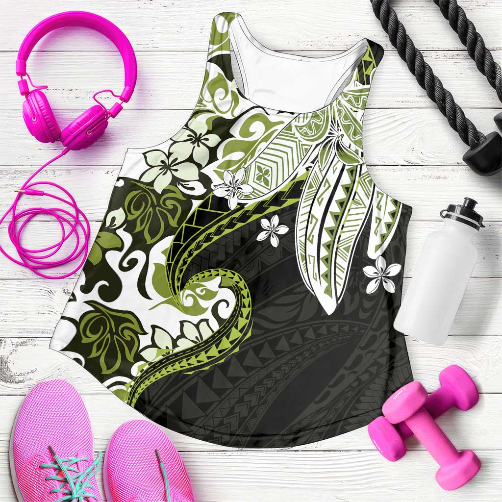Monstera Plumeria Flowers Olive Green Women Racerback Tank Polynesian Pattern LT01 Green - Polynesian Pride