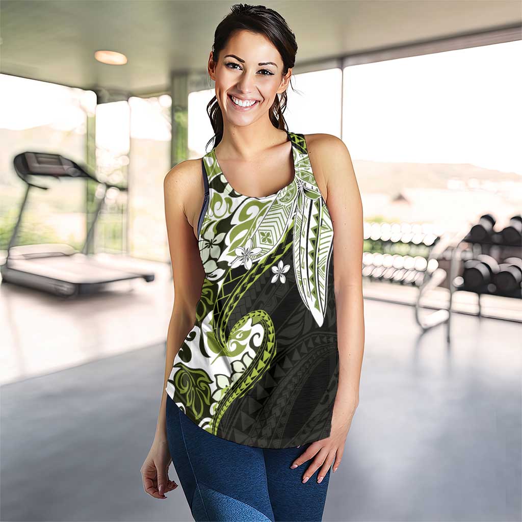 Monstera Plumeria Flowers Olive Green Women Racerback Tank Polynesian Pattern LT01 - Polynesian Pride
