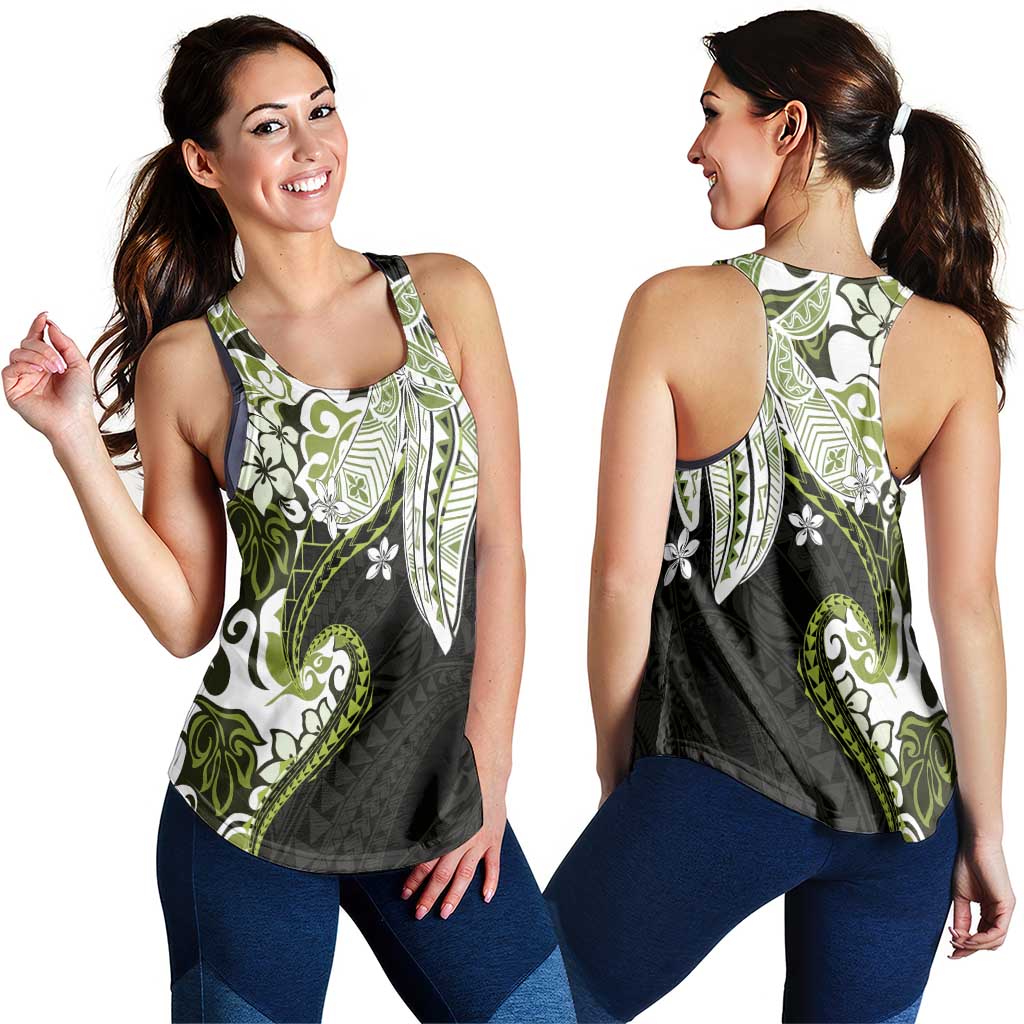 Monstera Plumeria Flowers Olive Green Women Racerback Tank Polynesian Pattern LT01 - Polynesian Pride