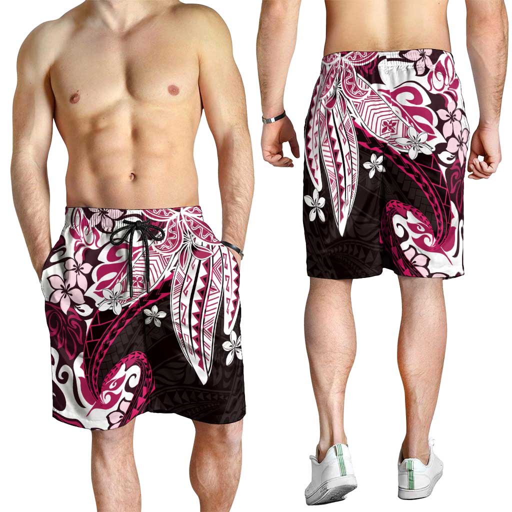 Monstera Plumeria Flowers Pink Shorts for Men Polynesian Pattern