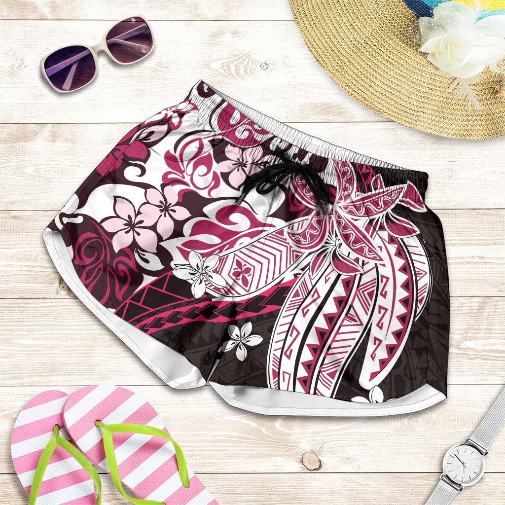 Monstera Plumeria Flowers Pink Shorts for Women Polynesian Pattern LT01 Pink - Polynesian Pride