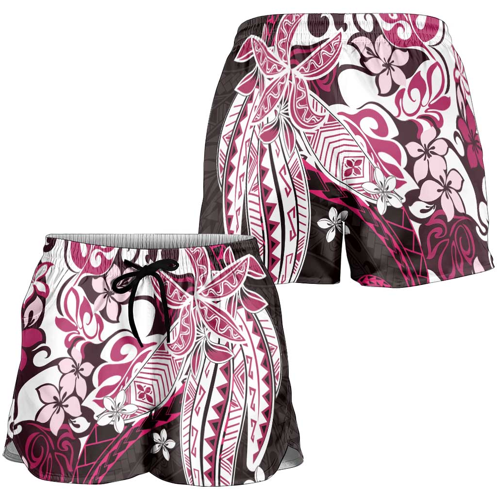 Monstera Plumeria Flowers Pink Shorts for Women Polynesian Pattern LT01 - Polynesian Pride