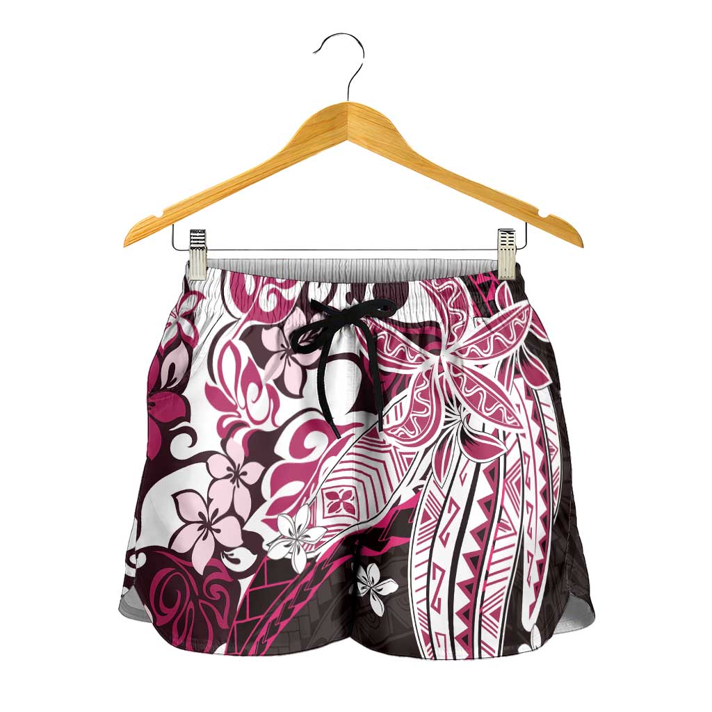 Monstera Plumeria Flowers Pink Shorts for Women Polynesian Pattern LT01 - Polynesian Pride