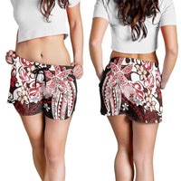 Monstera Plumeria Flowers Red Shorts for Women Polynesian Pattern