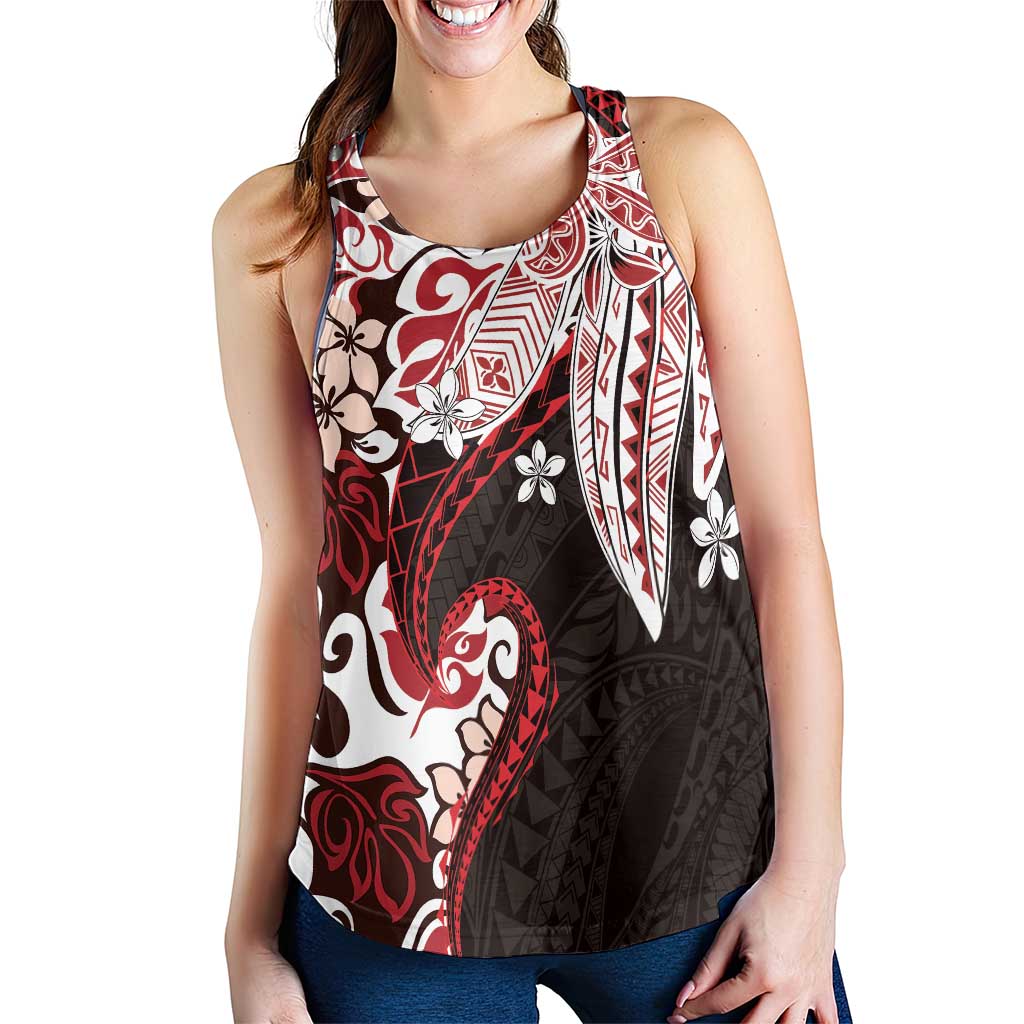Monstera Plumeria Flowers Red Women Racerback Tank Polynesian Pattern