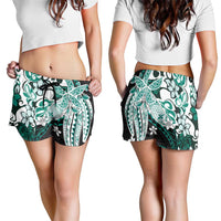Monstera Plumeria Flowers Teal Shorts for Women Polynesian Pattern