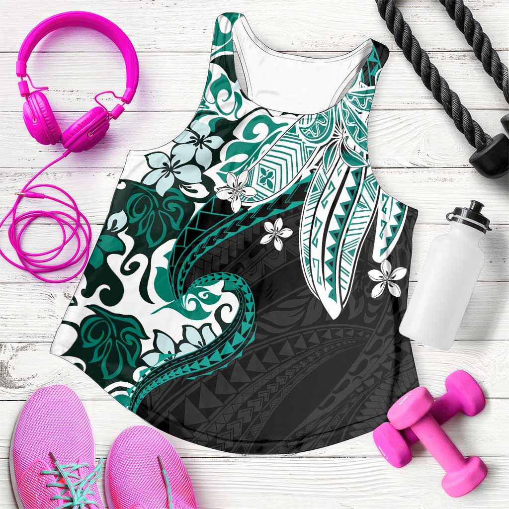 Monstera Plumeria Flowers Teal Women Racerback Tank Polynesian Pattern LT01 Teal - Polynesian Pride