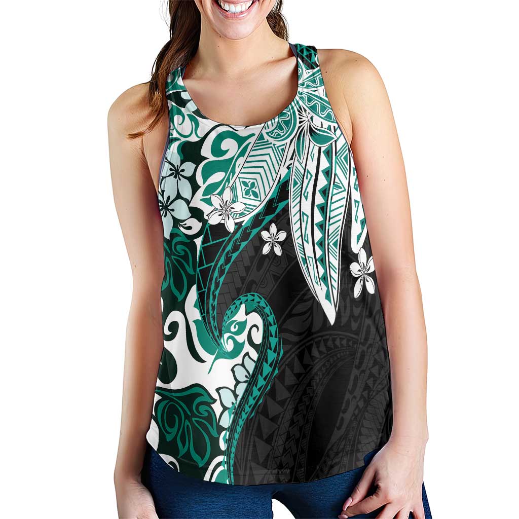 Monstera Plumeria Flowers Teal Women Racerback Tank Polynesian Pattern LT01 - Polynesian Pride