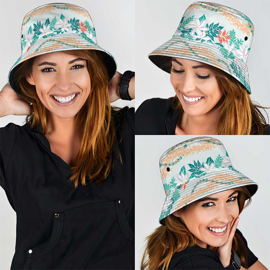 Monstera Tiare Plumeria Lei Pattern Bucket Hat Teal Version LT01 - Polynesian Pride