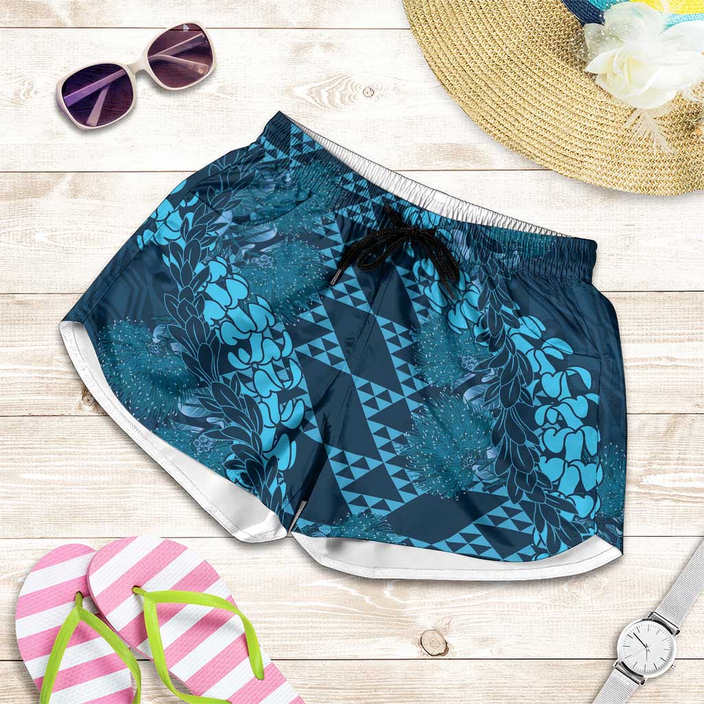 Naval Night Aloha Hawaii Shorts for Women Hawaiian Kakau Ohia Lehua Lei LT14 Blue - Polynesian Pride