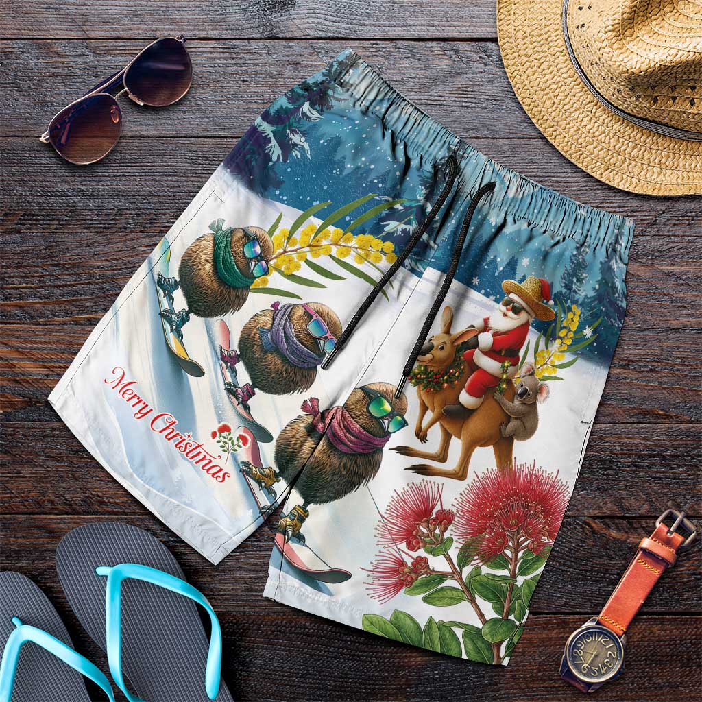 New Zealand and Australia Merry Christmas Shorts for Men Kiwi Birds Skiing and Koala Santa Riding Kangaroo LT03 Multicolor - Polynesian Pride