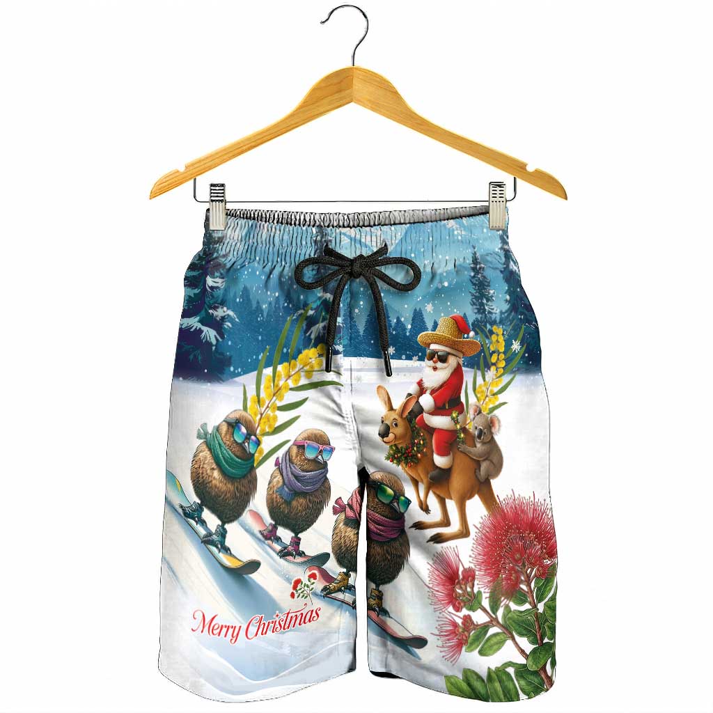 New Zealand and Australia Merry Christmas Shorts for Men Kiwi Birds Skiing and Koala Santa Riding Kangaroo LT03 - Polynesian Pride