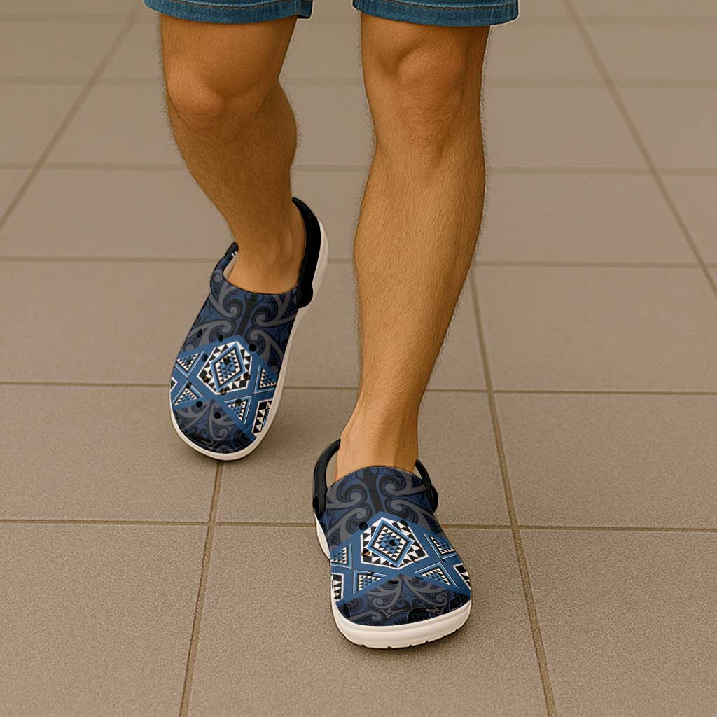 New Zealand Aotearoa Clogs Shoes Blue Taniko Art Maori Pattern - Polynesian Pride