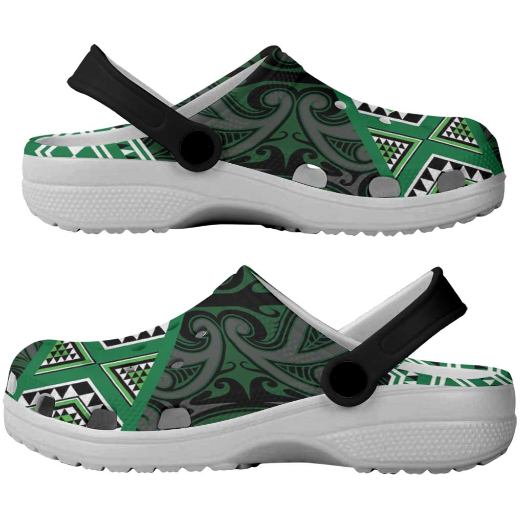 New Zealand Aotearoa Clogs Shoes Green Taniko Art Maori Pattern - Polynesian Pride