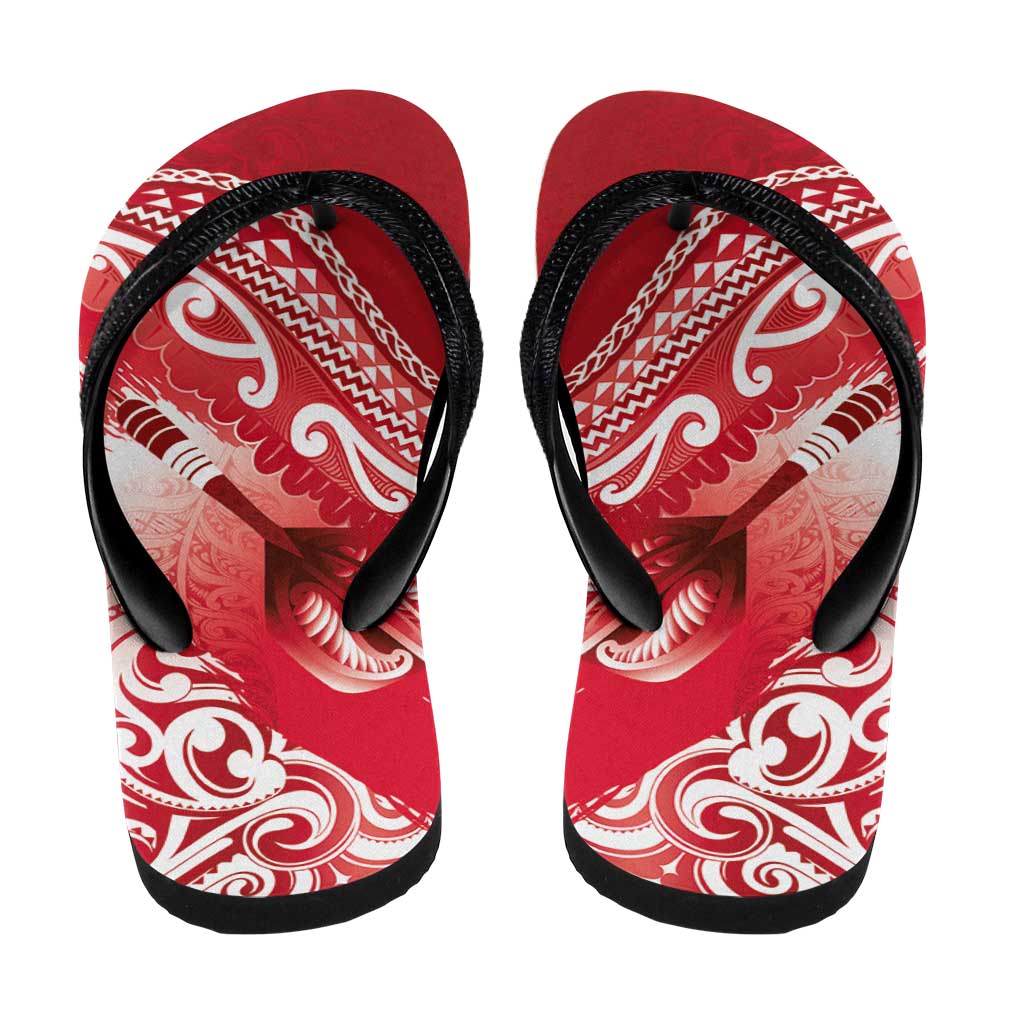New Zealand Aotearoa Darts Masters Flip Flops Maori Art Tattoo with Tribal Dart Symbol Red - Polynesian Pride