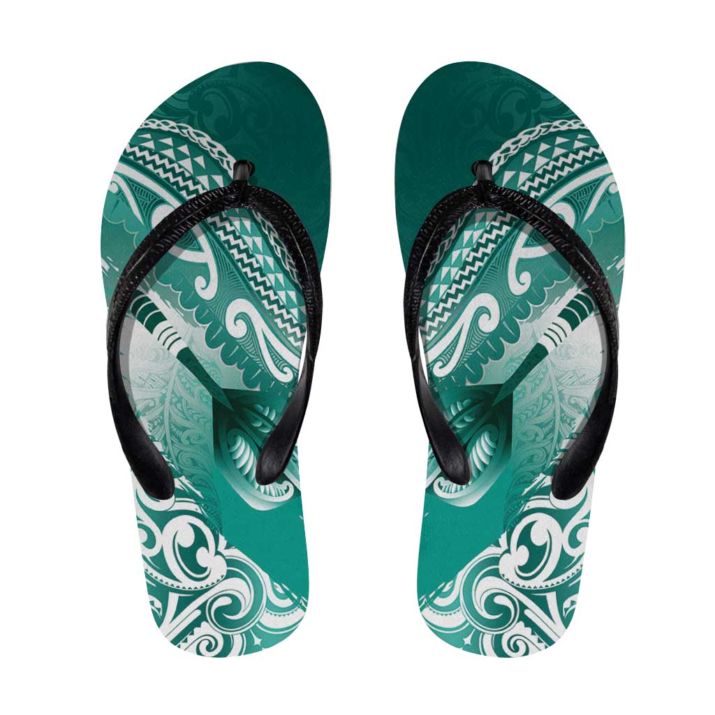 New Zealand Aotearoa Darts Masters Flip Flops Maori Art Tattoo with Tribal Dart Symbol Teal Color - Polynesian Pride