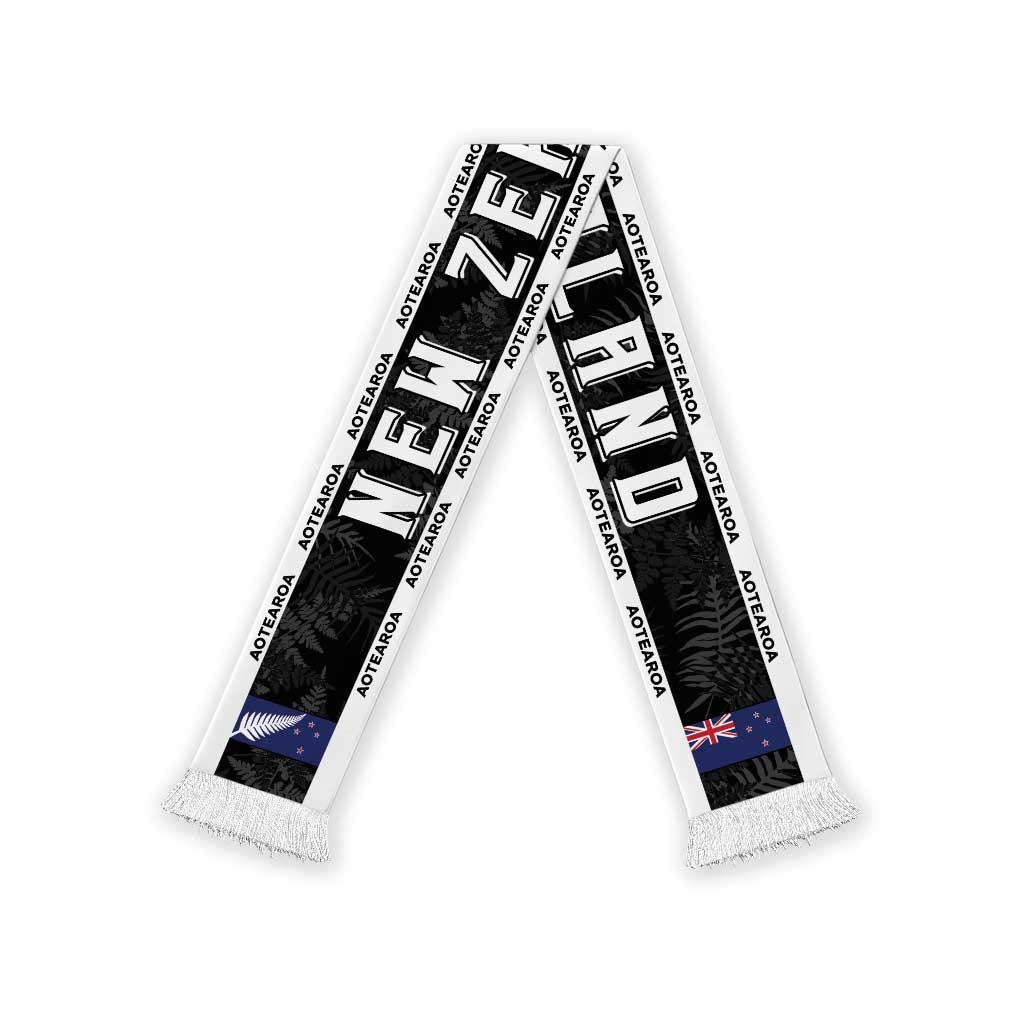 New Zealand Football Soccer Scarf Aotearoa Silver Fern LT05 White Fringe One Size Black - Polynesian Pride