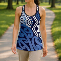 New Zealand Hollow Tank Top Aotearoa Kowhaiwhai Mix Taniko Art - Blue LT14 - Polynesian Pride