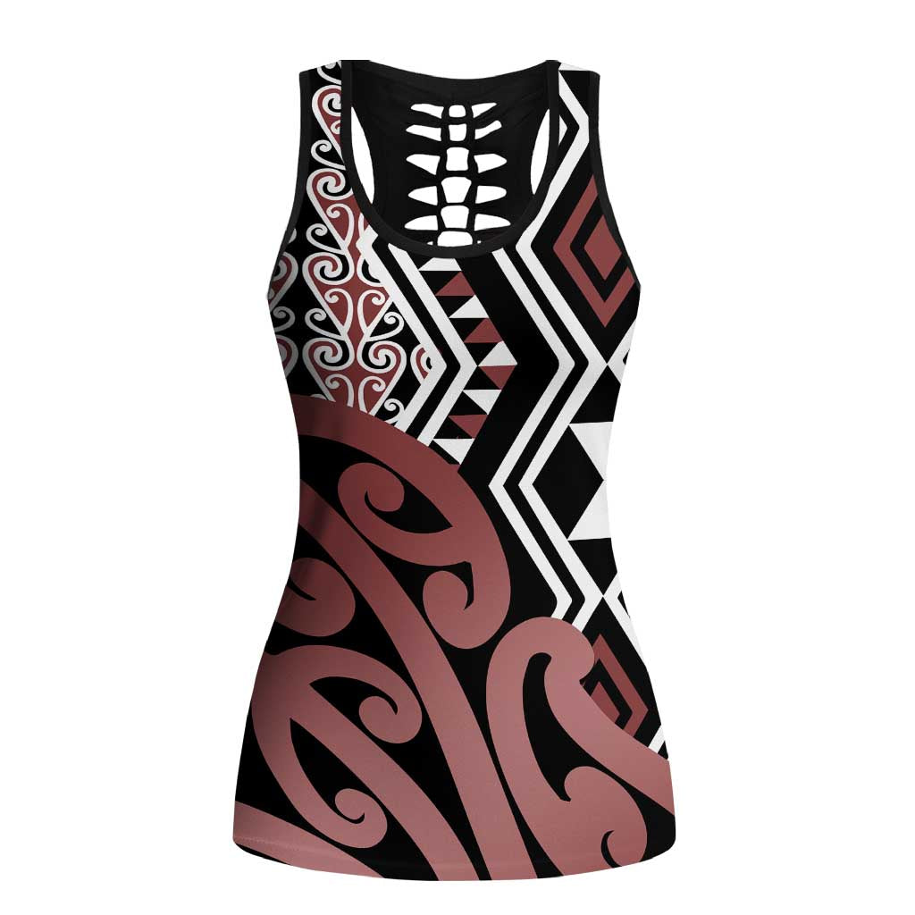 New Zealand Hollow Tank Top Aotearoa Kowhaiwhai Mix Taniko Art - Brown LT14 Female Brown - Polynesian Pride