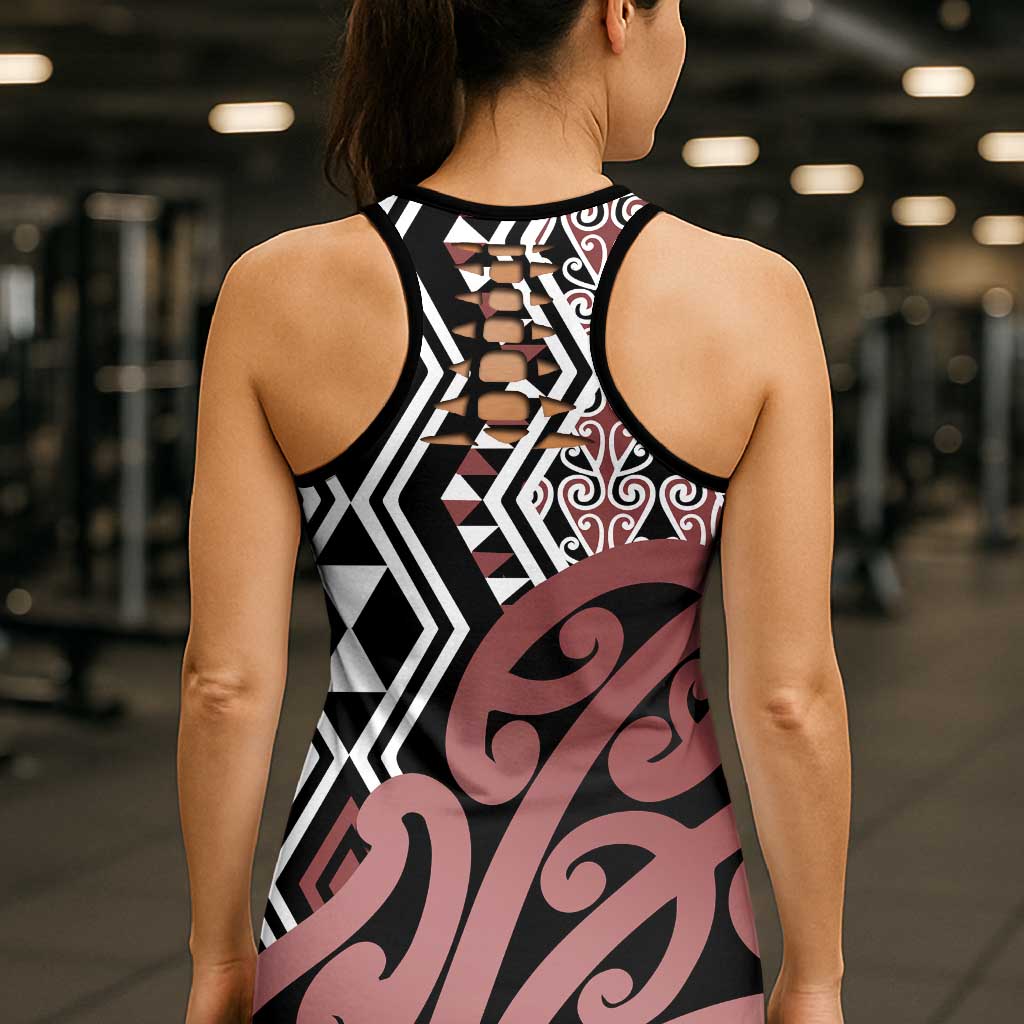 New Zealand Hollow Tank Top Aotearoa Kowhaiwhai Mix Taniko Art - Brown LT14 - Polynesian Pride