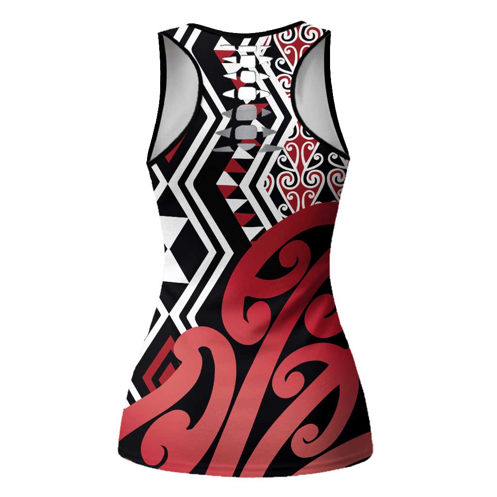 New Zealand Hollow Tank Top Aotearoa Kowhaiwhai Mix Taniko Art - Red LT14 - Polynesian Pride