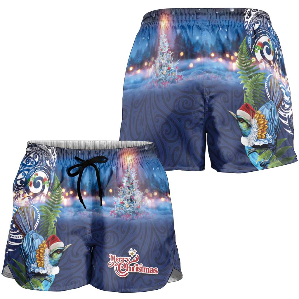 New Zealand Merry Christmas Shorts for Women Maori Tribal Pattern with Xmas Tui Bird LT03 - Polynesian Pride