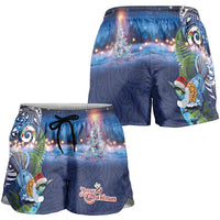 New Zealand Merry Christmas Shorts for Women Maori Tribal Pattern with Xmas Tui Bird LT03 - Polynesian Pride