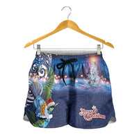 New Zealand Merry Christmas Shorts for Women Maori Tribal Pattern with Xmas Tui Bird LT03 - Polynesian Pride