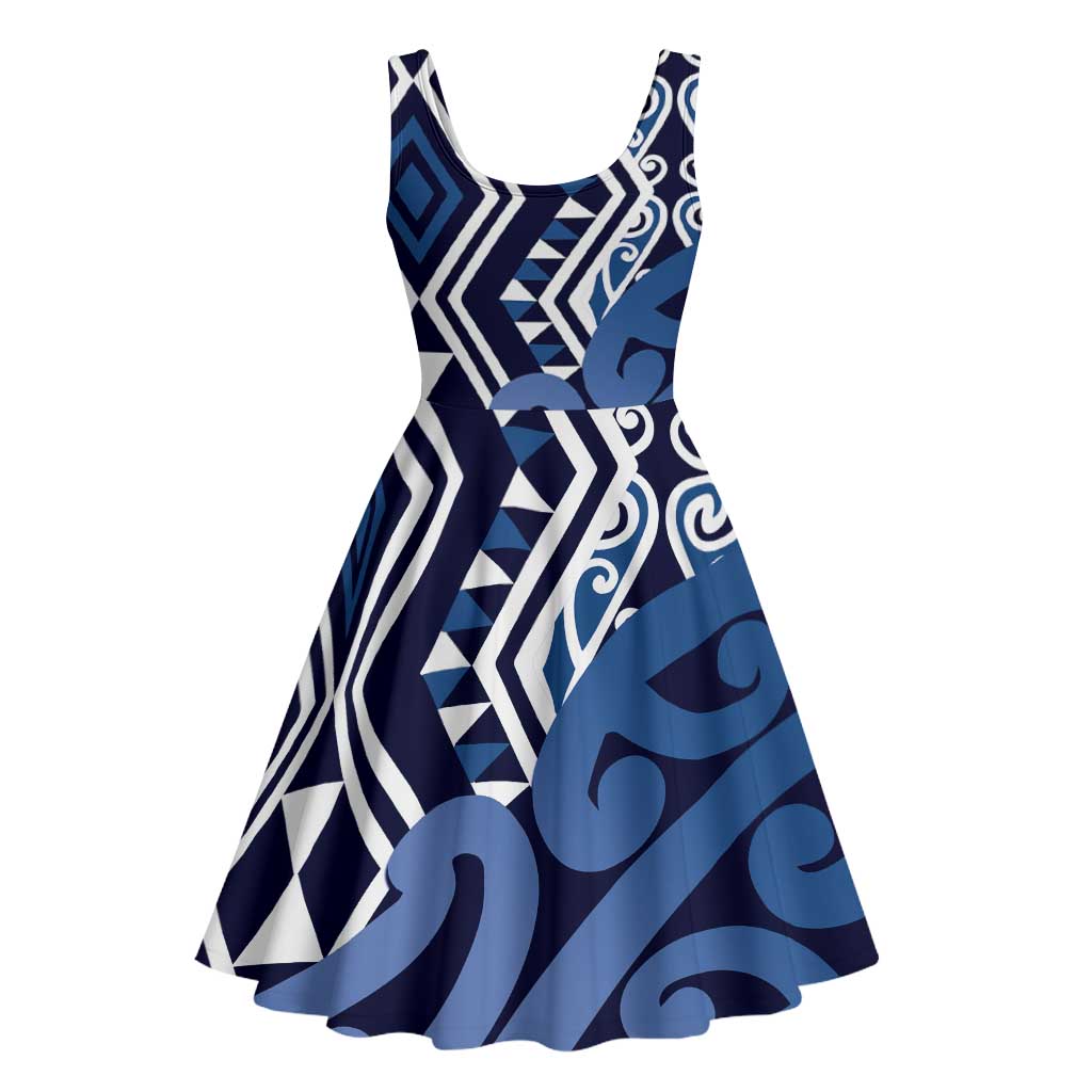 New Zealand Midi Dress Aotearoa Kowhaiwhai Mix Taniko Art - Blue LT14 - Polynesian Pride