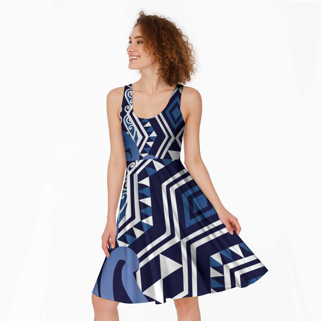 New Zealand Midi Dress Aotearoa Kowhaiwhai Mix Taniko Art - Blue LT14 - Polynesian Pride