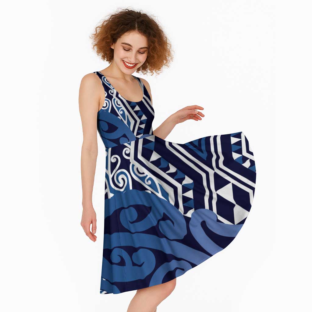 New Zealand Midi Dress Aotearoa Kowhaiwhai Mix Taniko Art - Blue LT14 - Polynesian Pride