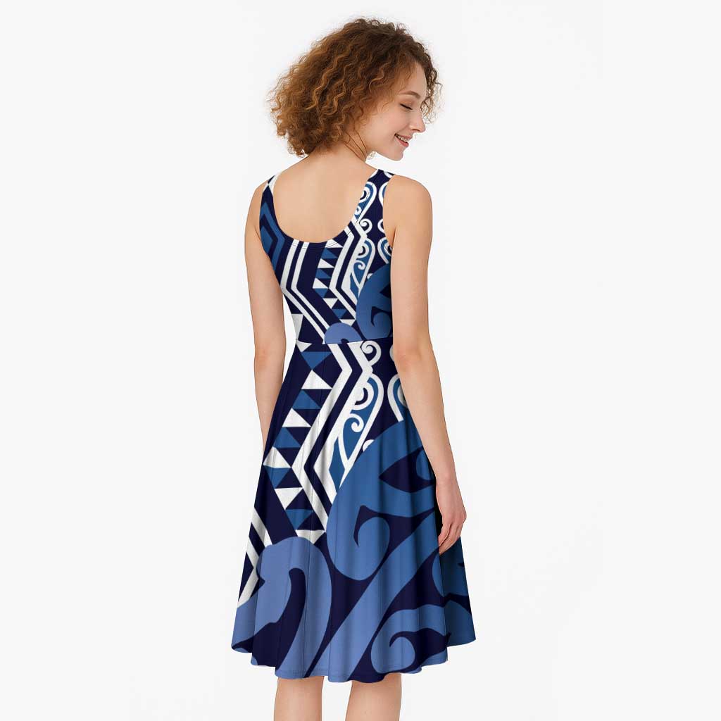 New Zealand Midi Dress Aotearoa Kowhaiwhai Mix Taniko Art - Blue LT14 - Polynesian Pride