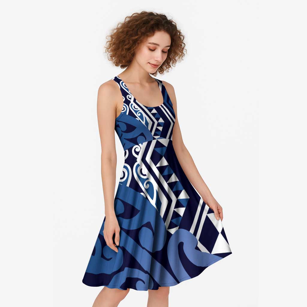 New Zealand Midi Dress Aotearoa Kowhaiwhai Mix Taniko Art - Blue LT14 - Polynesian Pride