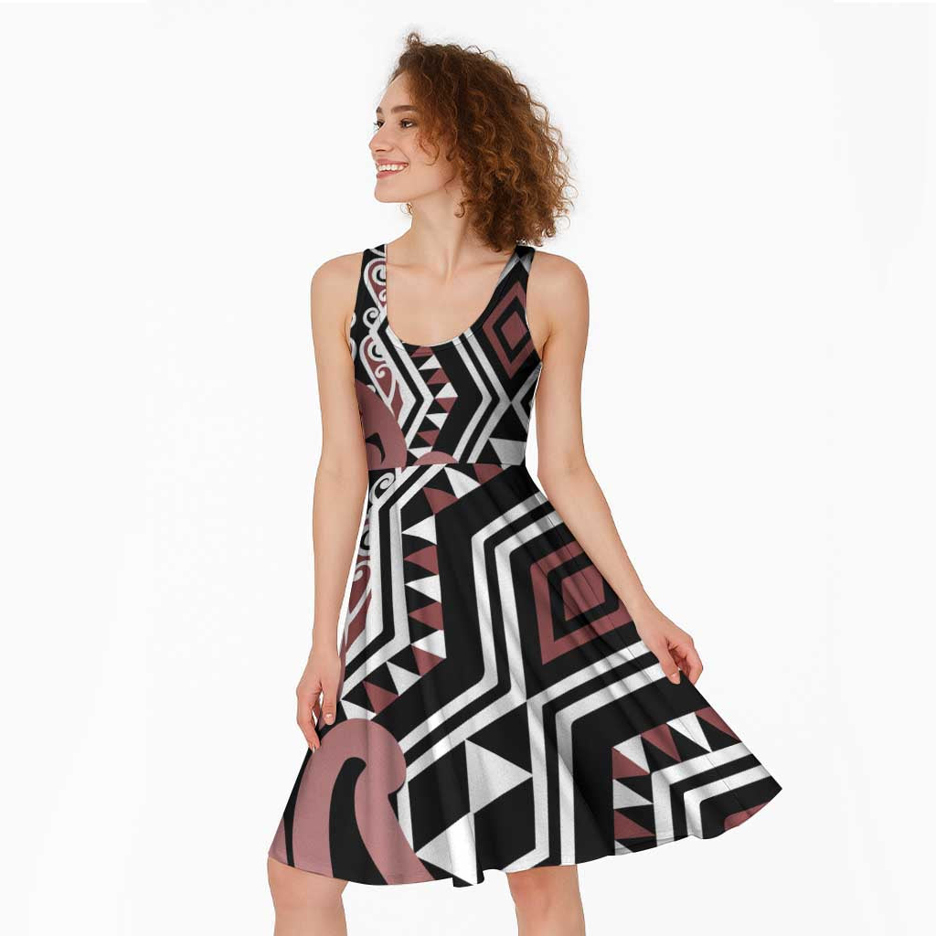 New Zealand Midi Dress Aotearoa Kowhaiwhai Mix Taniko Art - Brown LT14 - Polynesian Pride