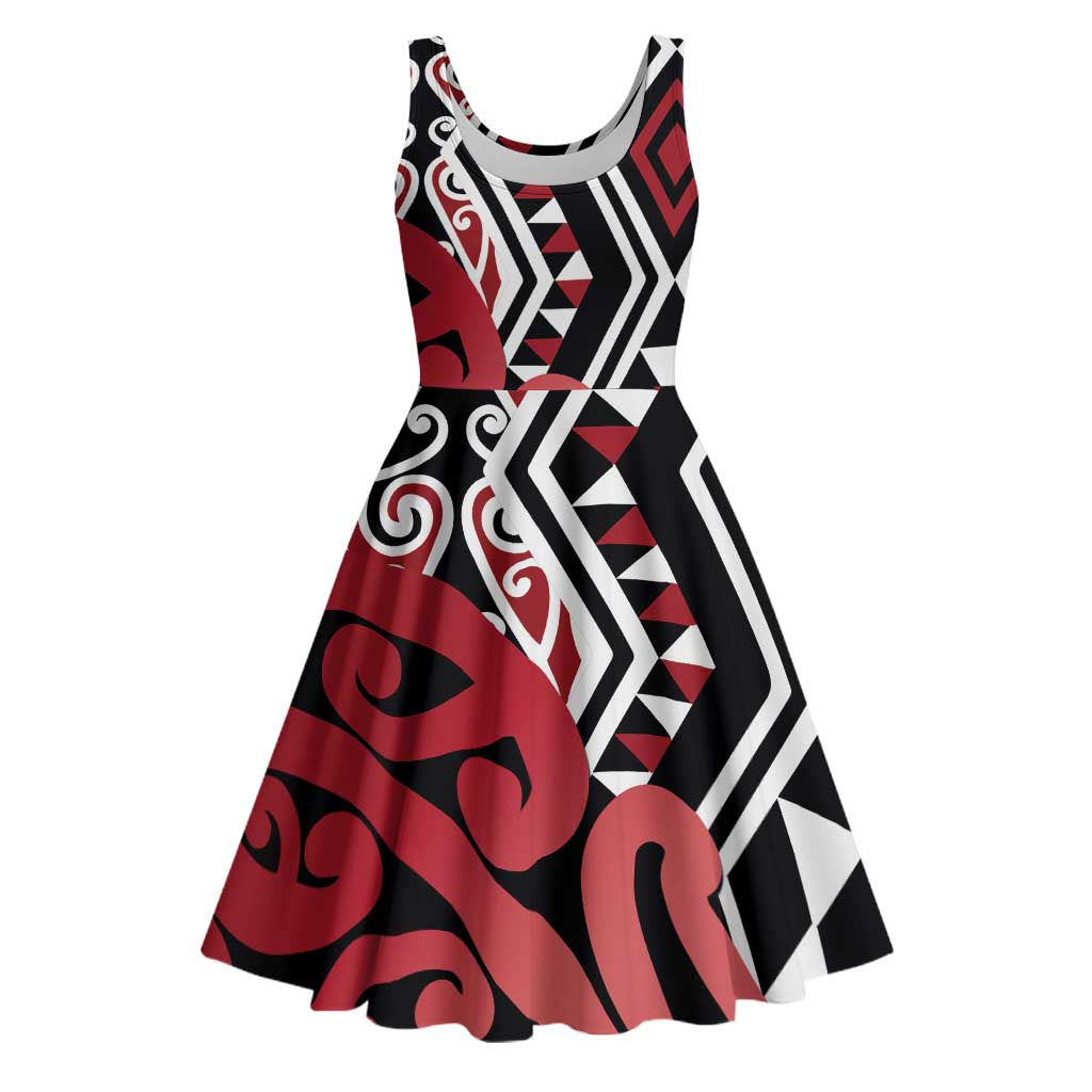 New Zealand Midi Dress Aotearoa Kowhaiwhai Mix Taniko Art - Red LT14 Red - Polynesian Pride