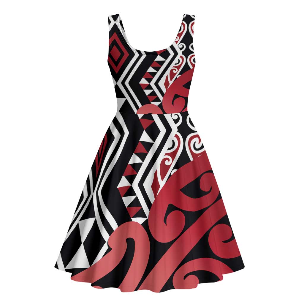 New Zealand Midi Dress Aotearoa Kowhaiwhai Mix Taniko Art - Red LT14 - Polynesian Pride