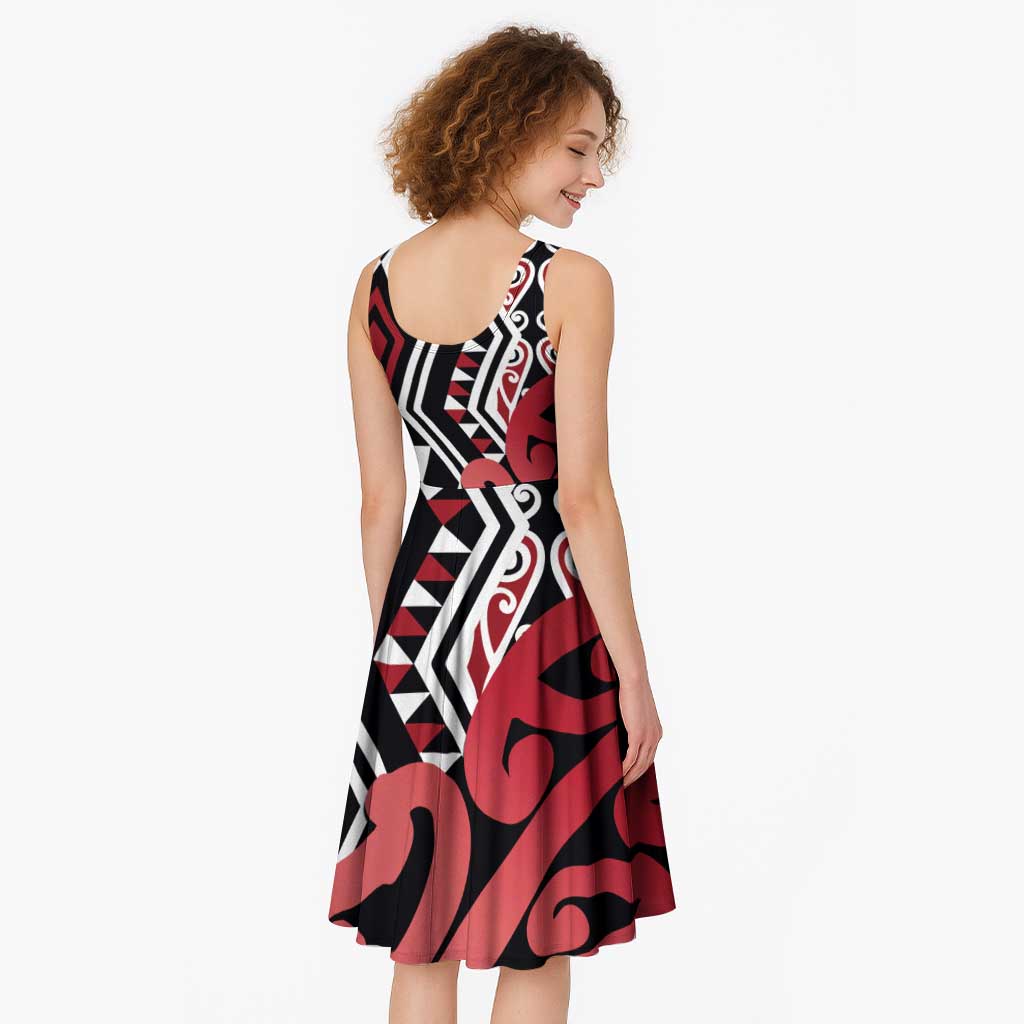 New Zealand Midi Dress Aotearoa Kowhaiwhai Mix Taniko Art - Red LT14 - Polynesian Pride