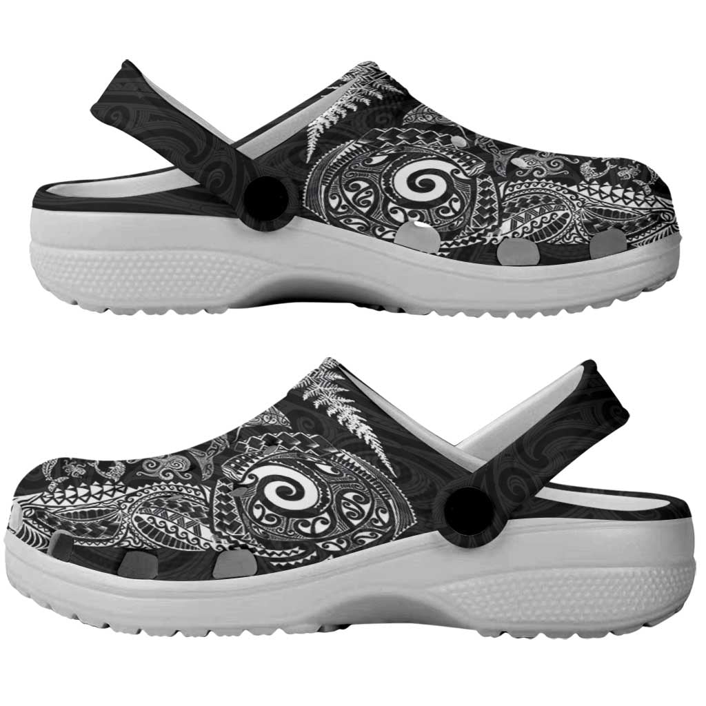 New Zealand Sea Animals Clogs Shoes with Maori Koru Tribal Tattoo and Silver Ferns Black Color LT03 - Polynesian Pride