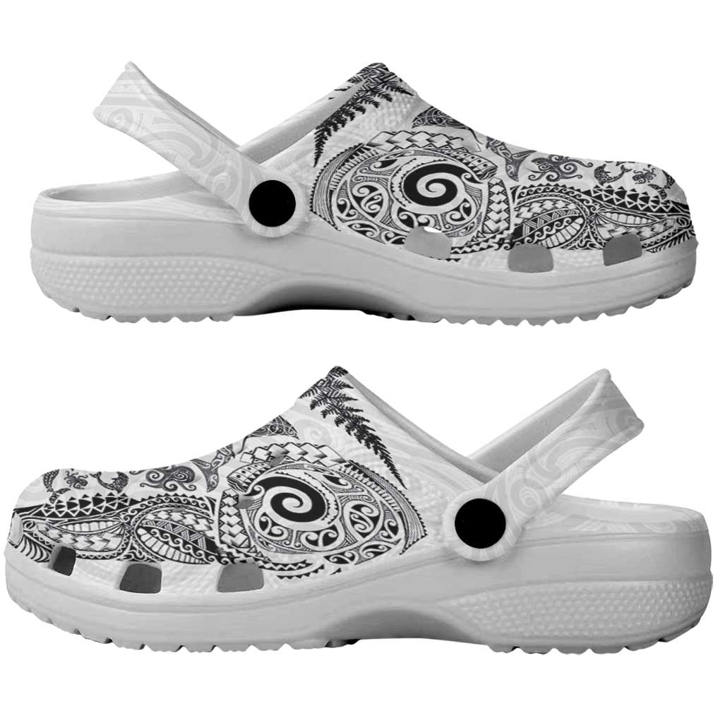 New Zealand Sea Animals Clogs Shoes with Maori Koru Tribal Tattoo and Silver Ferns White Color LT03 - Polynesian Pride