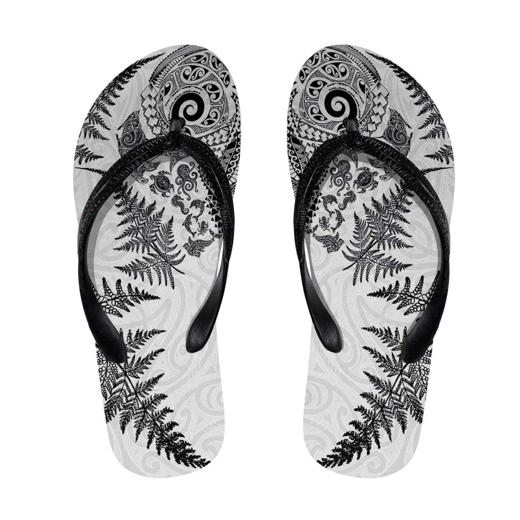 New Zealand Sea Animals Flip Flops with Maori Koru Tribal Tattoo and Silver Ferns White Color LT03 White - Polynesian Pride