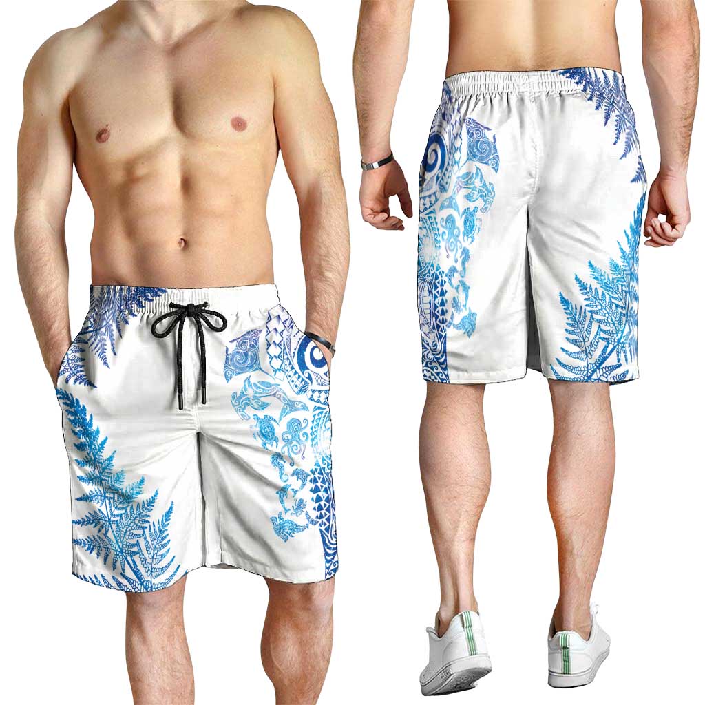 New Zealand Sea Animals Shorts for Men with Maori Koru Tribal Tattoo and Silver Ferns Galaxy Style LT03 - Polynesian Pride