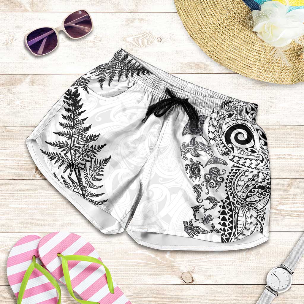 New Zealand Sea Animals Shorts for Women with Maori Koru Tribal Tattoo and Silver Ferns White Color