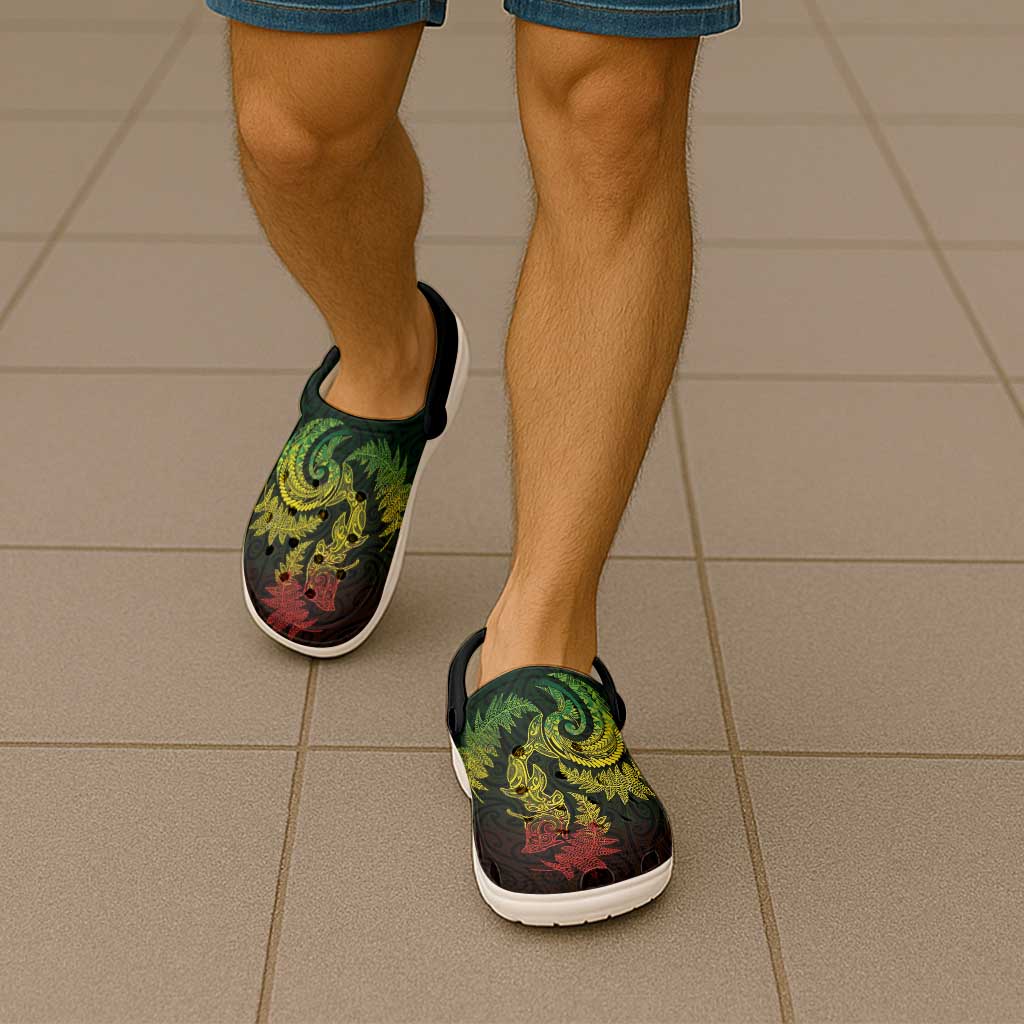 New Zealand Sea Animals with Maori Tribal Tattoo Clogs Shoes Shark Manta Ray with Silver Fern Reggae LT03 - Polynesian Pride