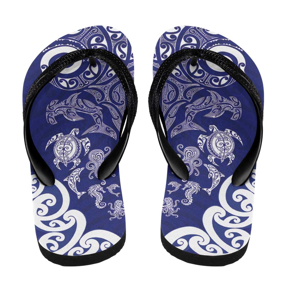 New Zealand Sea Animals with Maori Tribal Tattoo Flip Flops Blue Color LT03 - Polynesian Pride