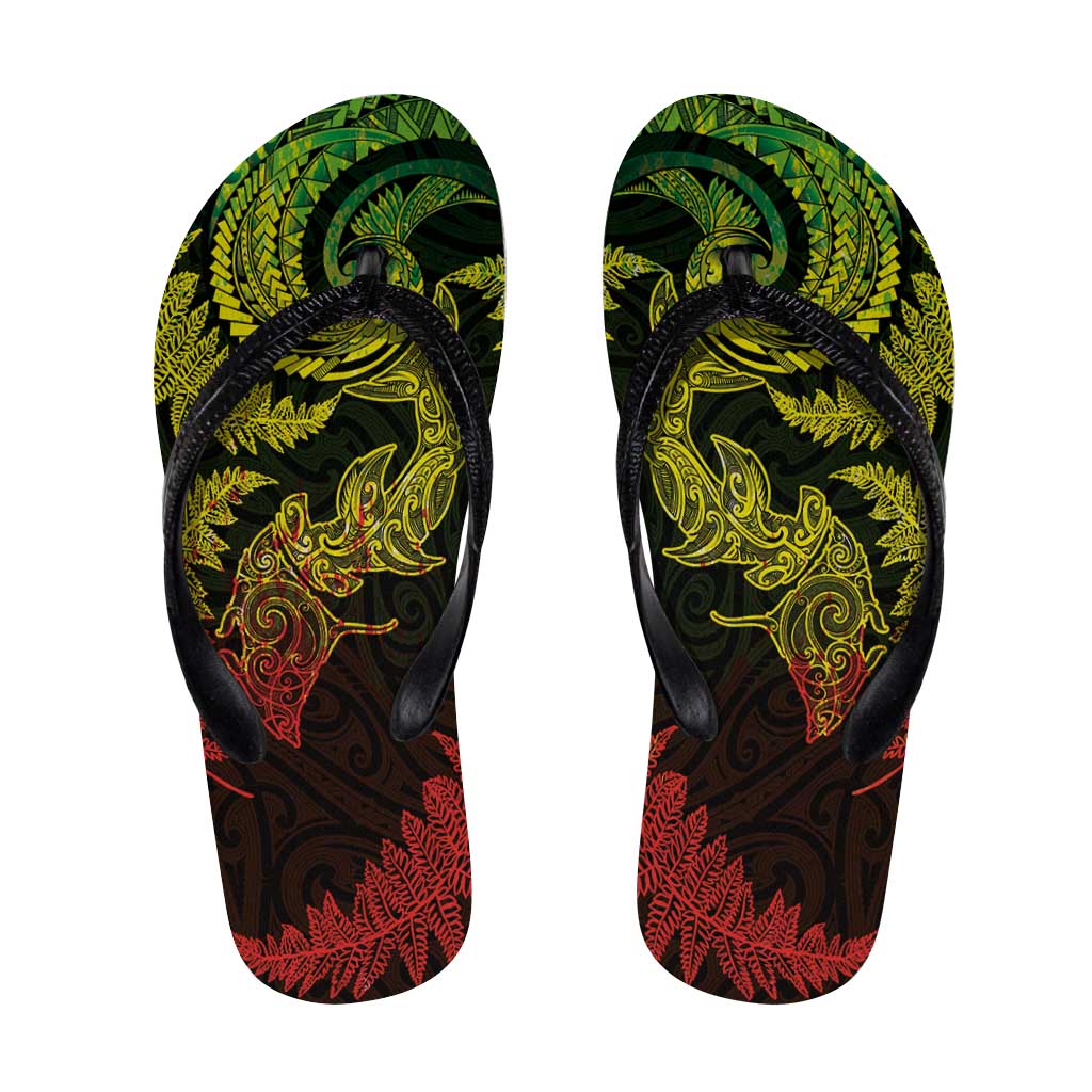 New Zealand Sea Animals with Maori Tribal Tattoo Flip Flops Shark Manta Ray with Silver Fern Reggae