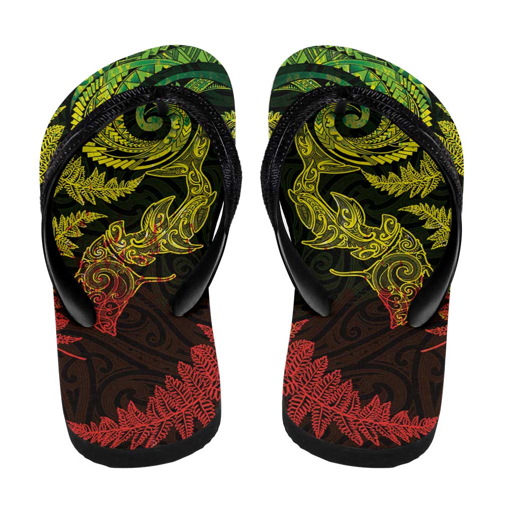 New Zealand Sea Animals with Maori Tribal Tattoo Flip Flops Shark Manta Ray with Silver Fern Reggae LT03 - Polynesian Pride