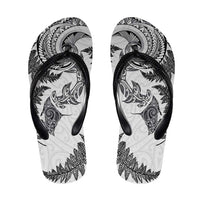 New Zealand Sea Animals with Maori Tribal Tattoo Flip Flops Shark Manta Ray with Silver Fern White LT03 White - Polynesian Pride