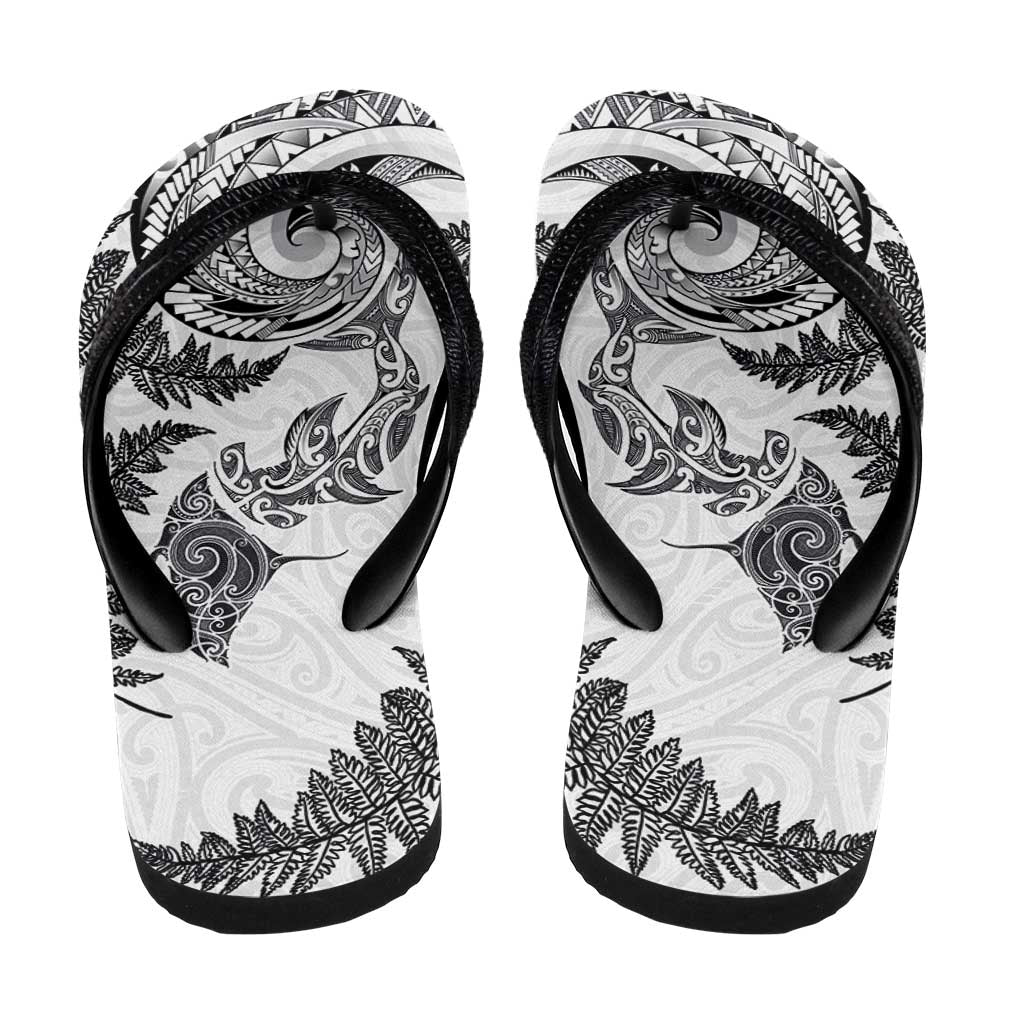 New Zealand Sea Animals with Maori Tribal Tattoo Flip Flops Shark Manta Ray with Silver Fern White LT03 - Polynesian Pride