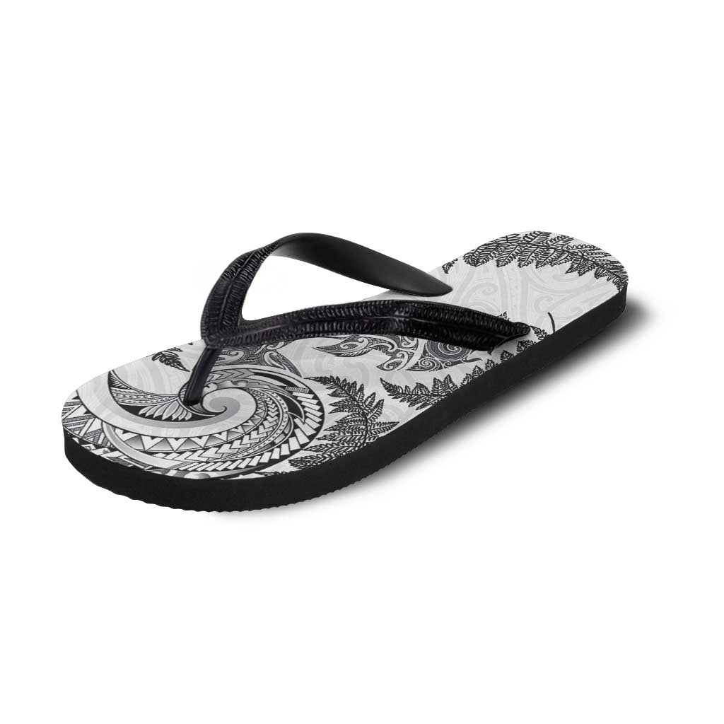 New Zealand Sea Animals with Maori Tribal Tattoo Flip Flops Shark Manta Ray with Silver Fern White LT03 - Polynesian Pride